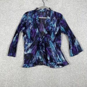 Notations Crinkle Sheer Tie Front Blouse Womens M Purple Blue Abstract Fairy Y2K
